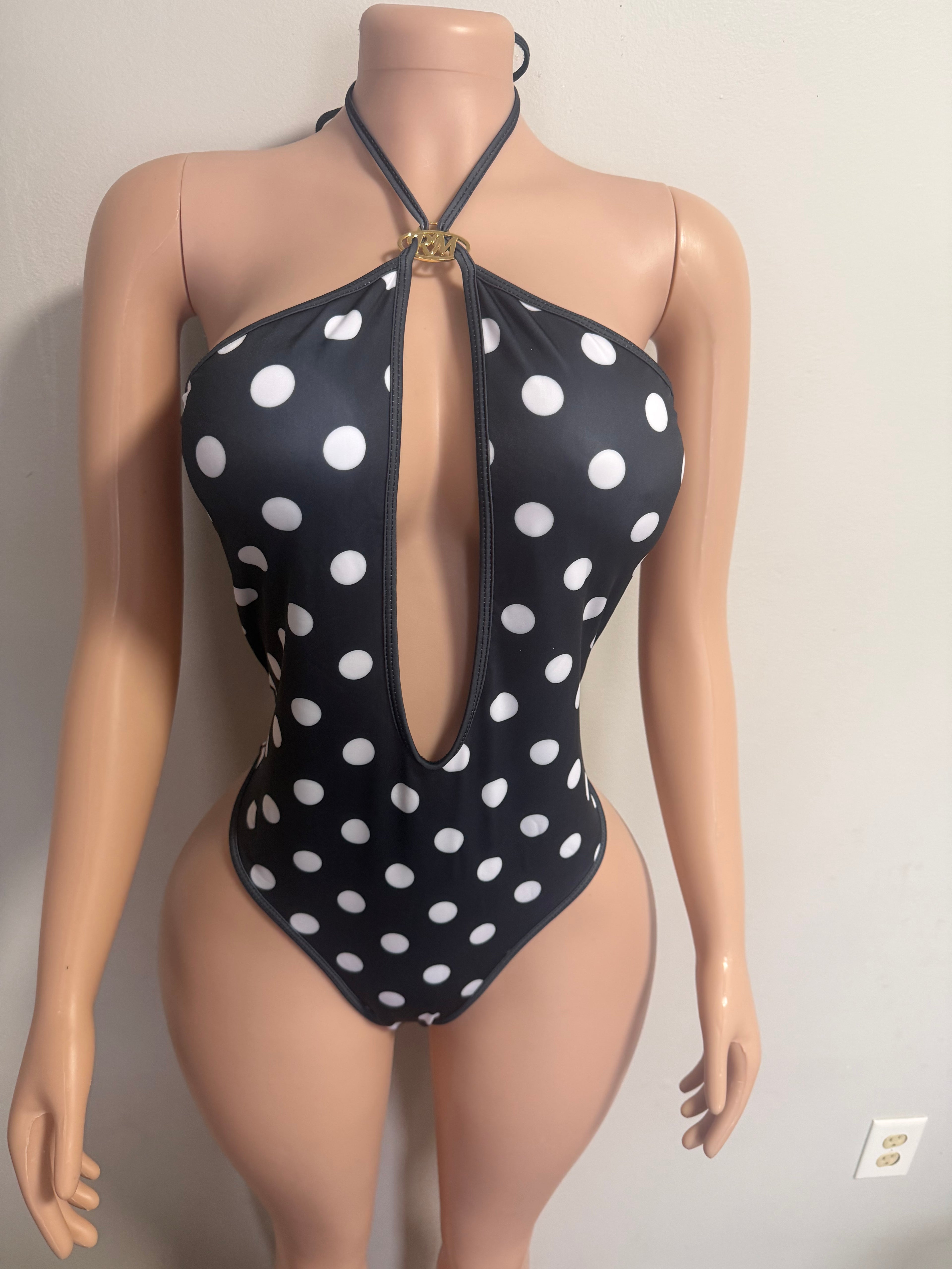 Black polka dot one piece swimsuit