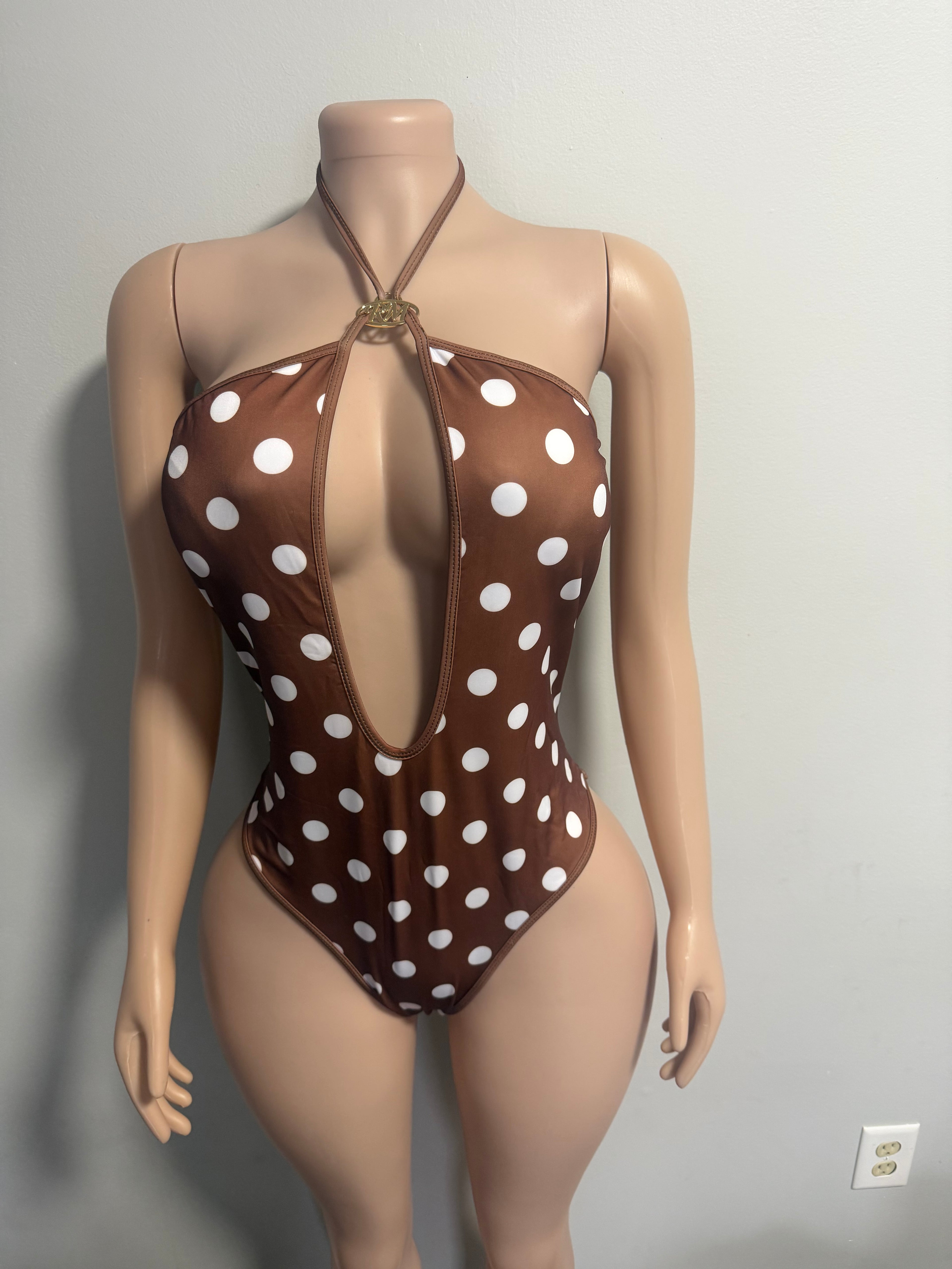 Brown polka dot one piece swimsuit